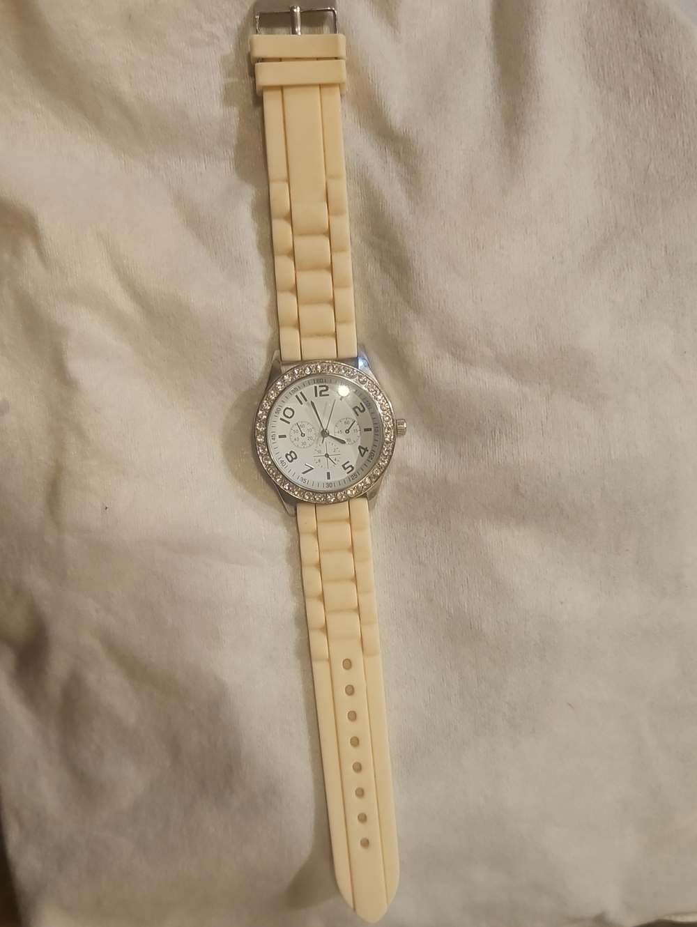 Ivory Silicone Strap Watch with Crystal Bezel